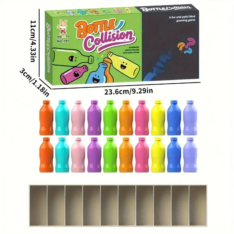 A box set of colorful bottles for a bottle collision guessing game with matching liquid colors.