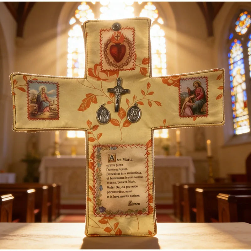 A handcrafted wooden cross with a central medallion and floral design, displayed on a wooden surface.