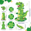 A three-tier green dinosaur cupcake stand for kids party decor shown in various sizes and angles.