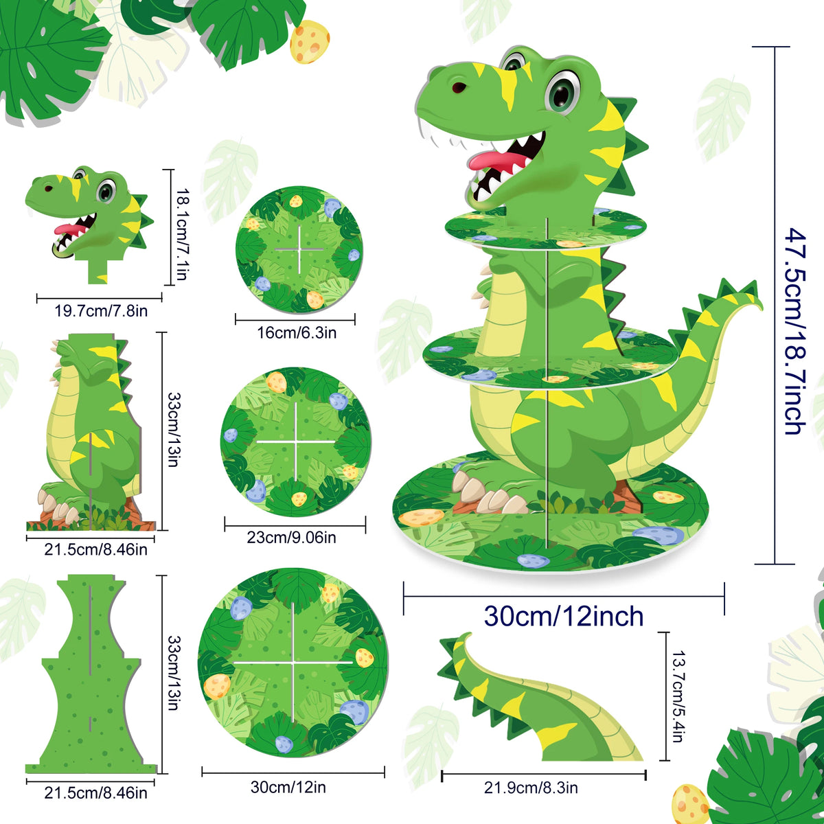 A three-tier green dinosaur cupcake stand for kids party decor shown in various sizes and angles.