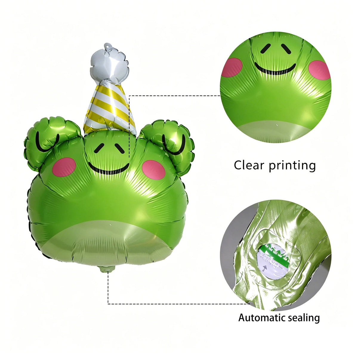 A green foil balloon shaped like a jungle animal face with clear printing and automatic sealing.