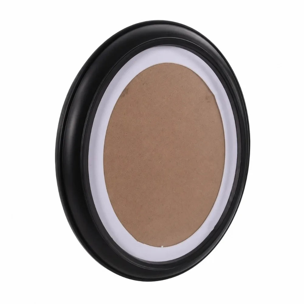 A black oval picture frame with a light brown, solid wood-colored insert.