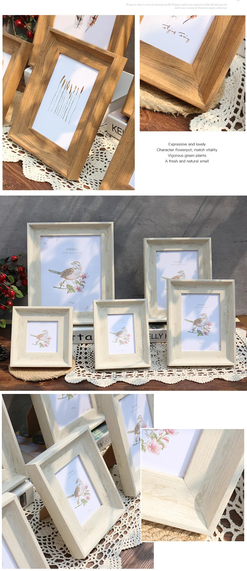 A collection of vintage resin photo frames in natural wood tones displayed on a wooden surface.