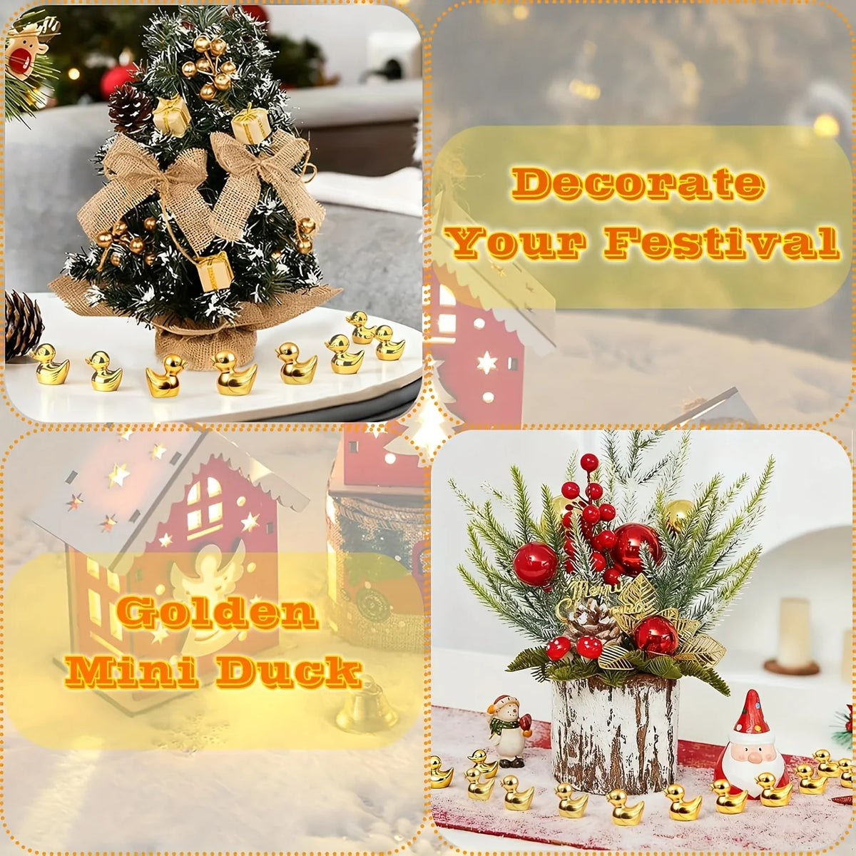A set of 20 golden mini duck figurines used for festive decoration and crafts.