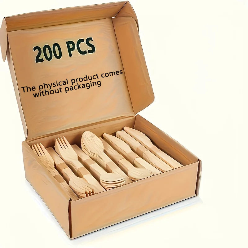 A cardboard box containing 200 pieces of wooden cutlery, including forks and spoons.