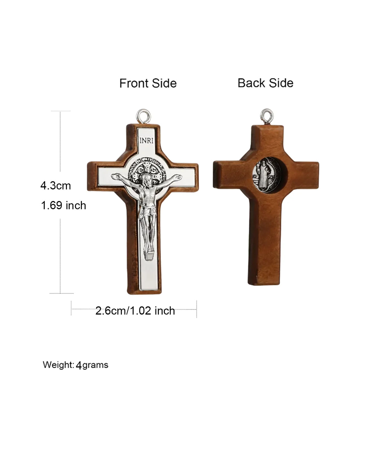 A wooden crucifix pendant with a detailed depiction of Jesus Christ on the front and a circular relief on the back.