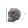 A realistic silver skull resin decorative sculpture shown from the side with dimensions.
