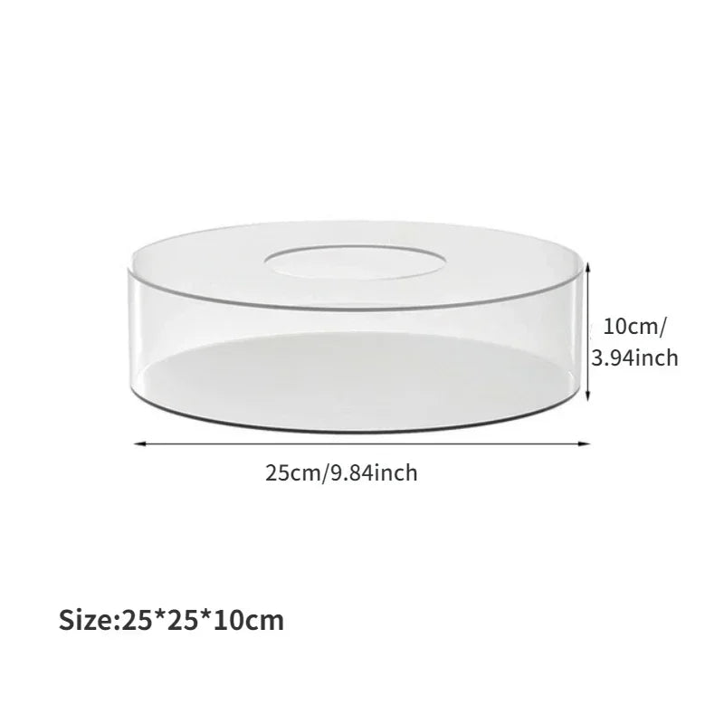 Clear acrylic cake stand display box with a round, shallow base and a lid.