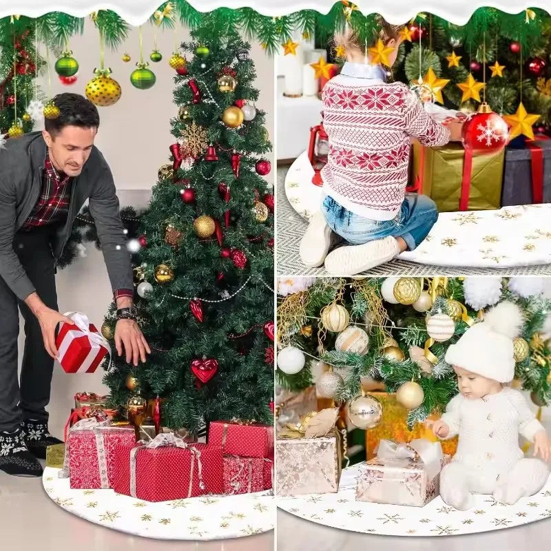 A festive Christmas tree decorated with ornaments and wrapped gifts, featuring a plush faux fur skirt.