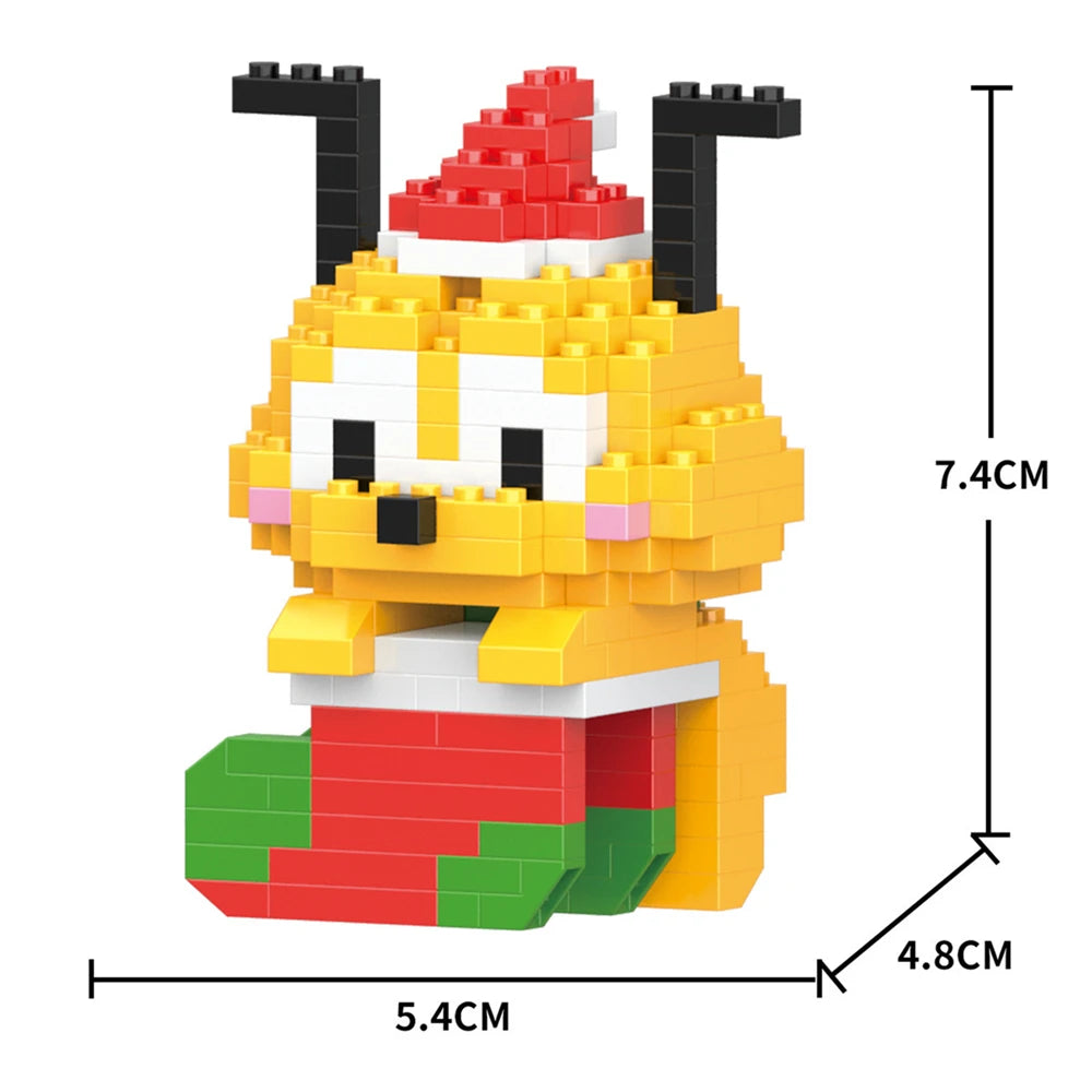 A yellow animal model built from micro building blocks, wearing a red Santa hat and a red and green outfit.