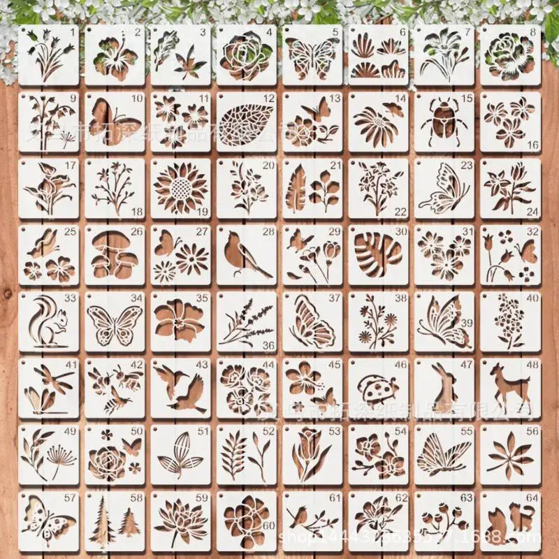 A grid of reusable floral alphabet stencils for painting and decals, featuring various botanical designs.