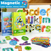 A set of magnetic letter, number, animal, and vehicle puzzles for children.
