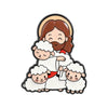 Enamel lapel pin depicting Jesus with a halo and a lamb, symbolizing faith and friendship.