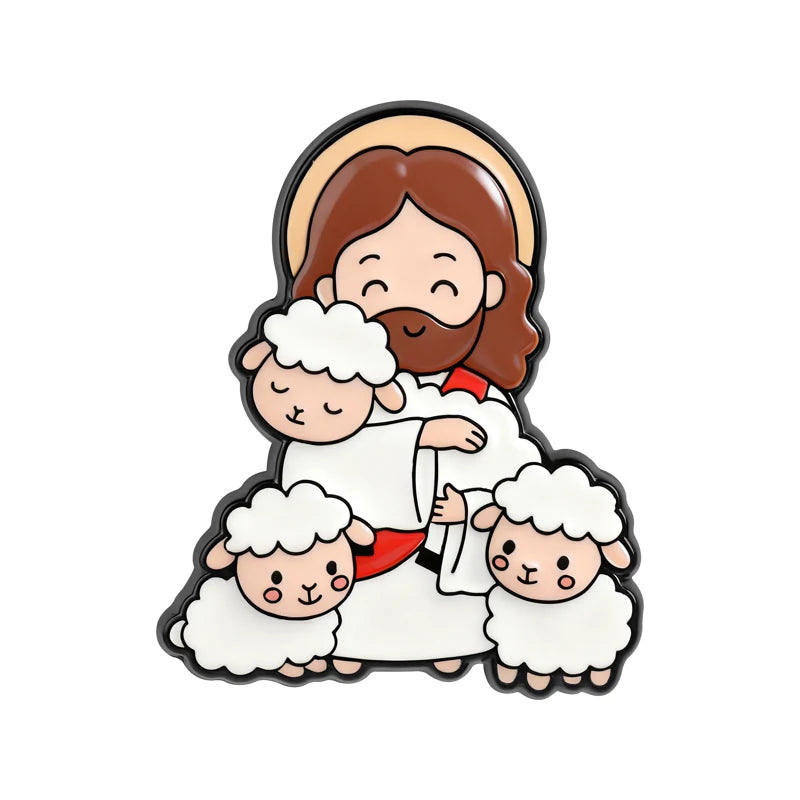 Enamel lapel pin depicting Jesus with a halo and a lamb, symbolizing faith and friendship.