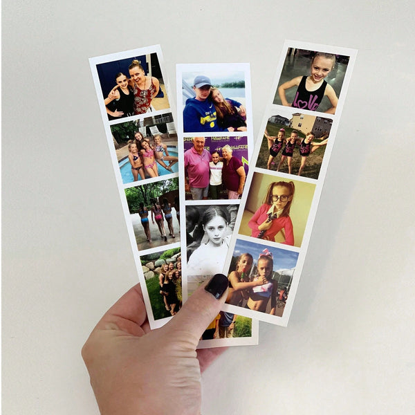 A hand holds a vertical strip of custom photo booth prints featuring various people and events.