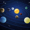 A set of nine natural crystal gemstone spheres orbiting a central glowing sun in space.
