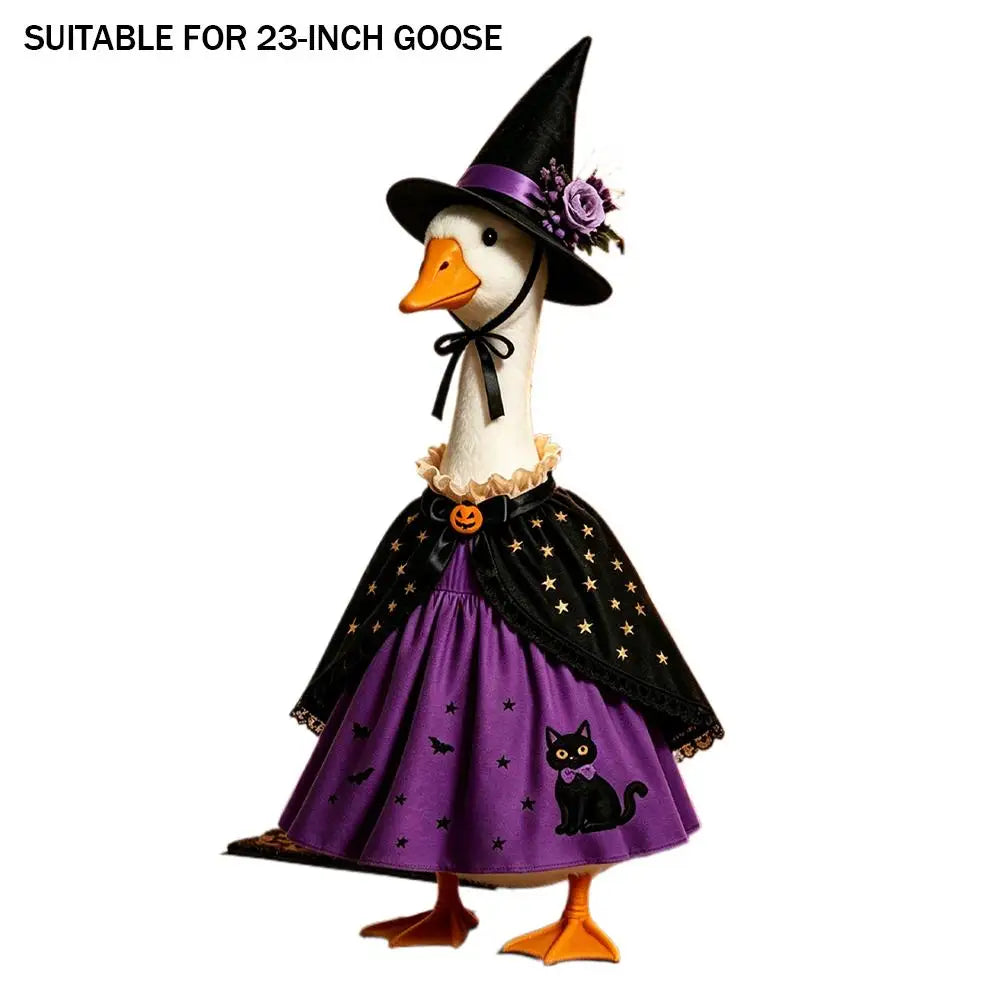 A white goose costume featuring a witch hat, black cape, purple dress, and a cat design.