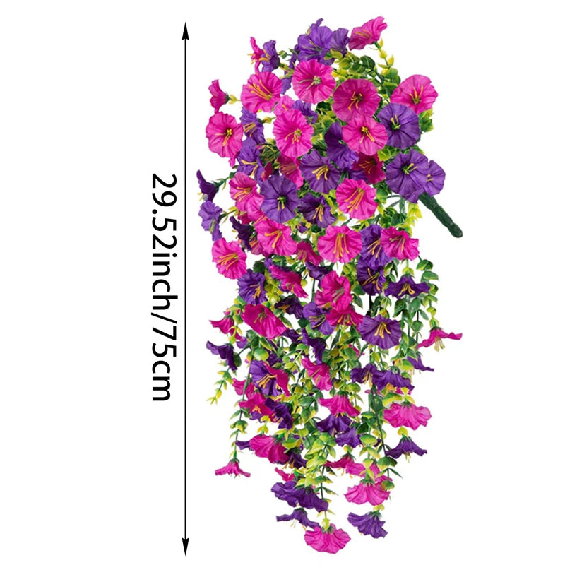 A vertical display of vibrant purple and pink silk morning glory vine hanging flowers for home decor.