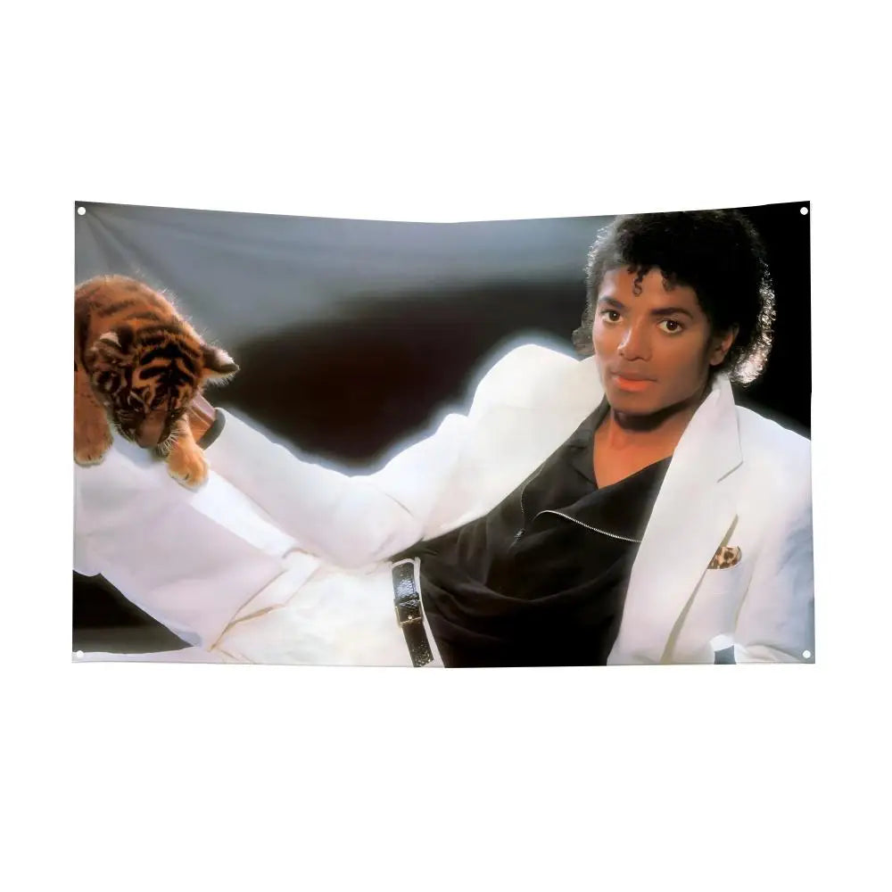 A portrait of Michael Jackson with a tiger in his arms, displayed on a banner.