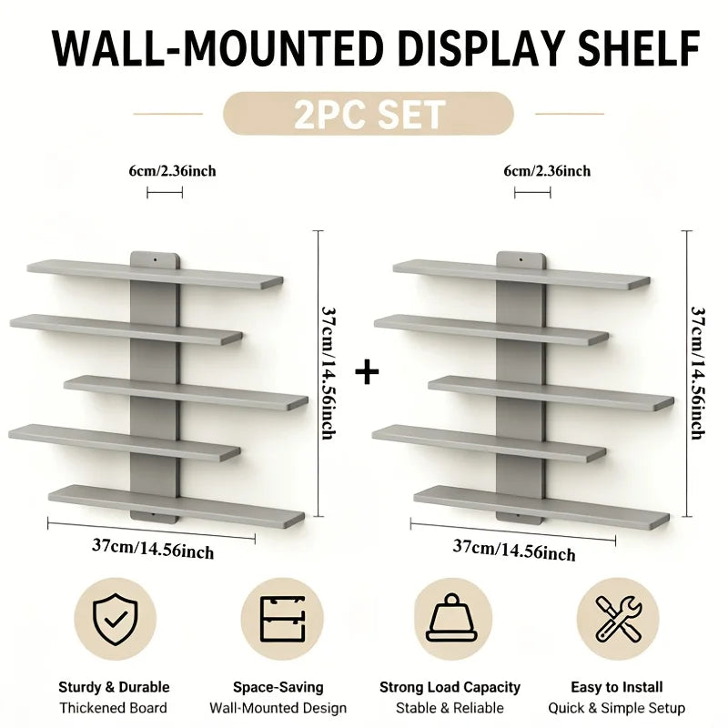 A set of two wall-mounted display shelves, a 2pc set, featuring sturdy and durable wooden boards for storage.