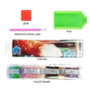 Diamond painting kit components including glue, a tray, and round beads for creating a portrait.