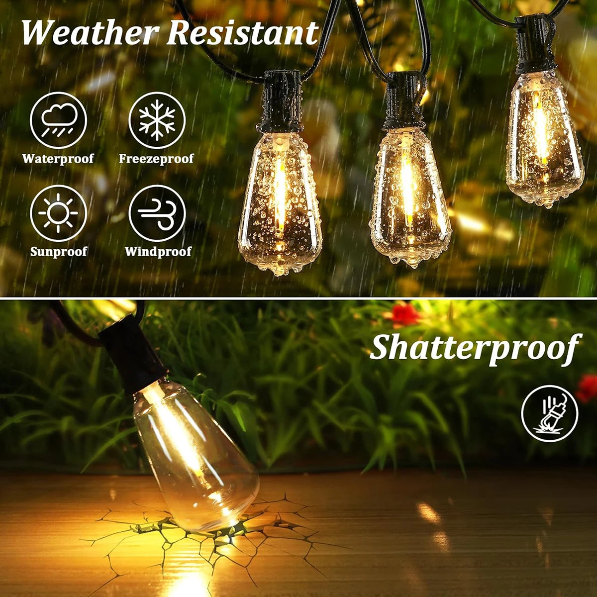 Outdoor LED string lights featuring weather resistant and shatterproof bulbs illuminating a garden setting.