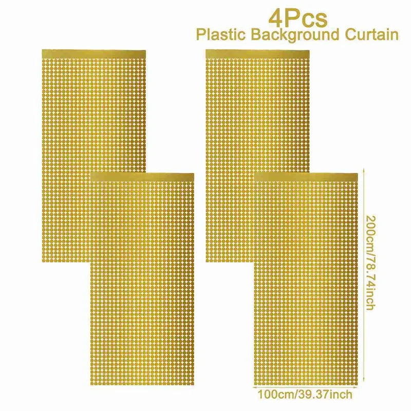 Four pieces of gold sequin glitter fabric used as a plastic background curtain for events
