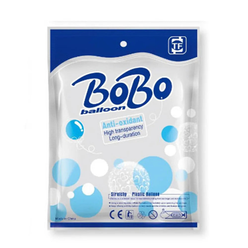 A package of clear Bobo balloons for party decor, showing the product packaging and certification marks.