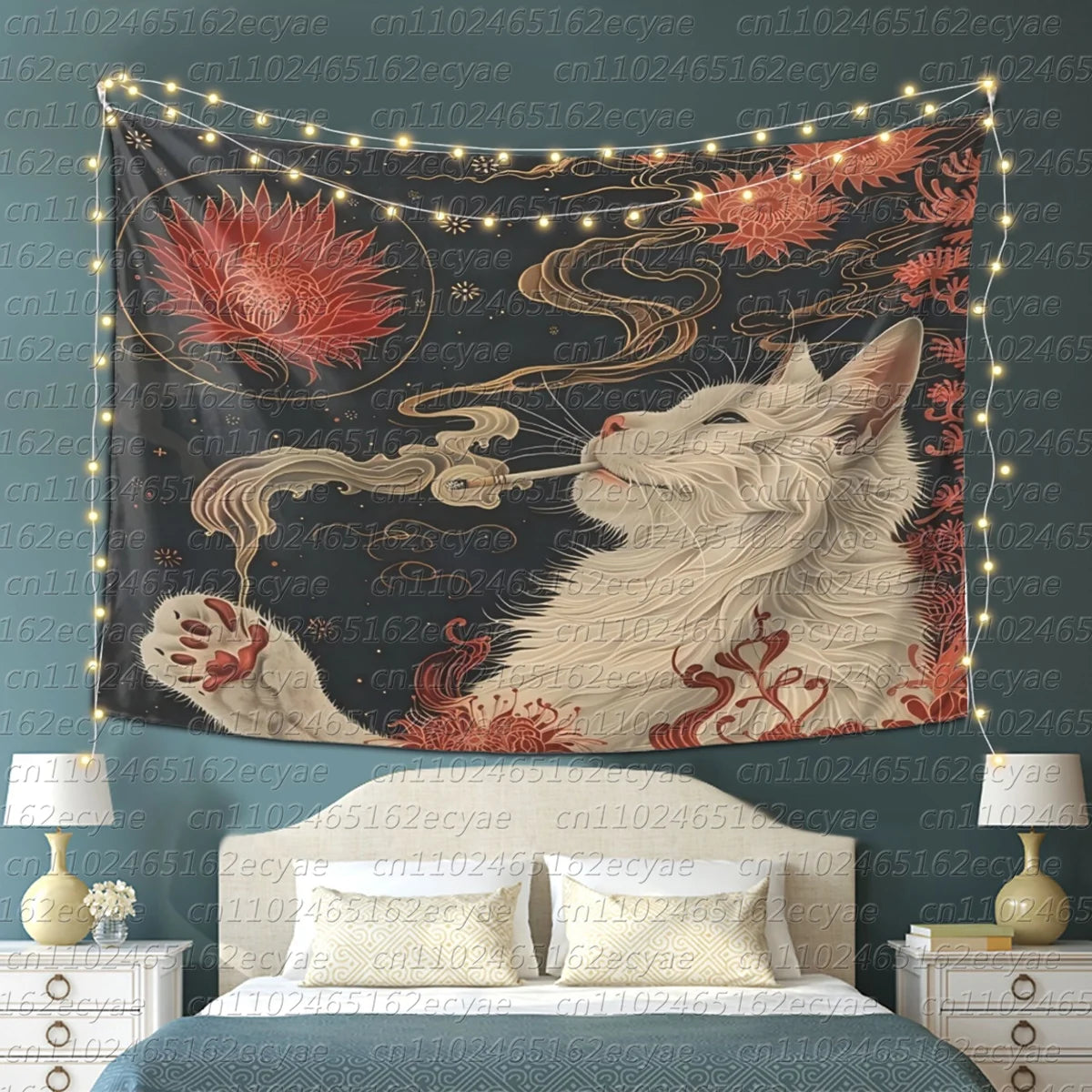 A tapestry featuring a white cat smoking under a moon, displayed as wall decor with string lights.