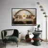 A painting depicting the Last Supper with Jesus and his disciples on a table, displayed in a modern living room.