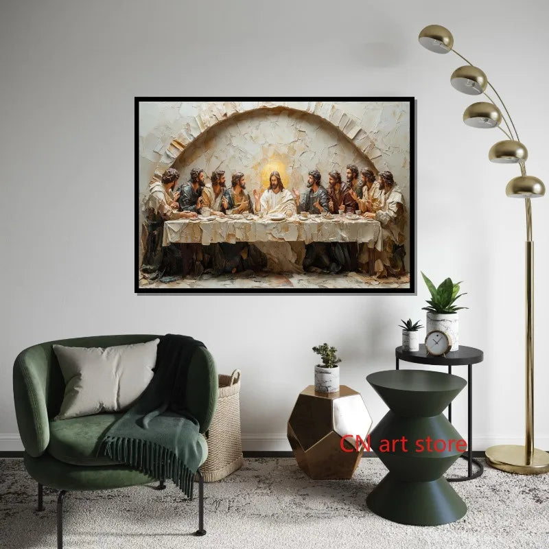 A painting depicting the Last Supper with Jesus and his disciples on a table, displayed in a modern living room.