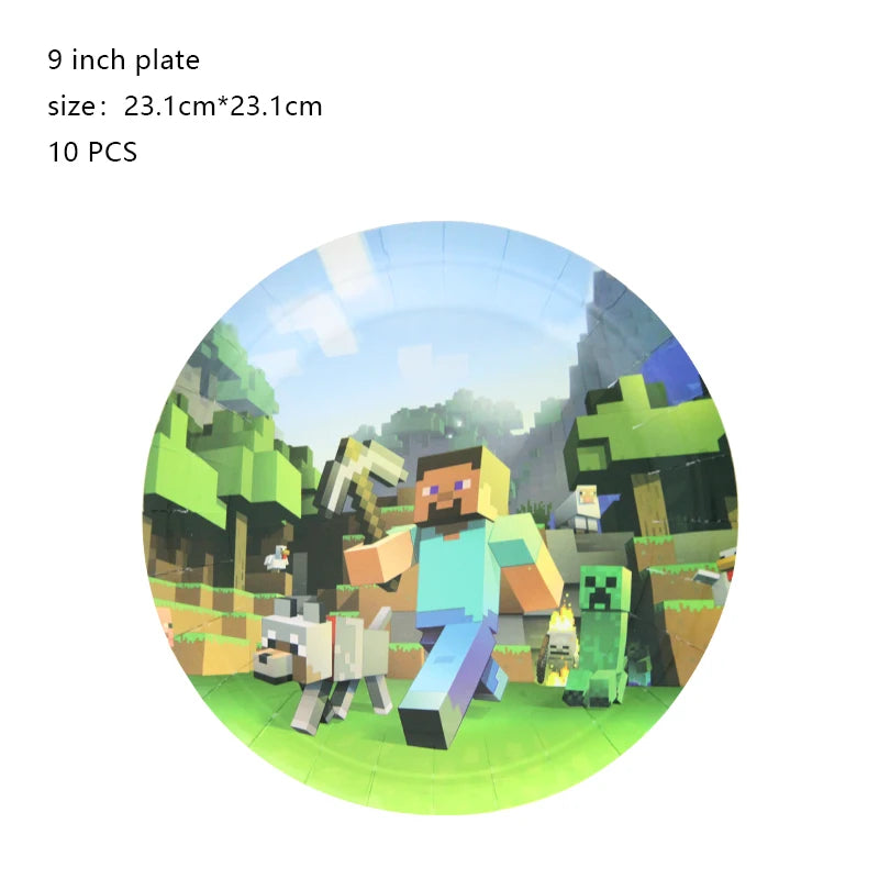 A collection of Minecraft-themed birthday party decorations featuring characters and scenery.