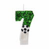 A birthday candle shaped like the number 7 covered in green glitter and topped with a soccer ball detail.