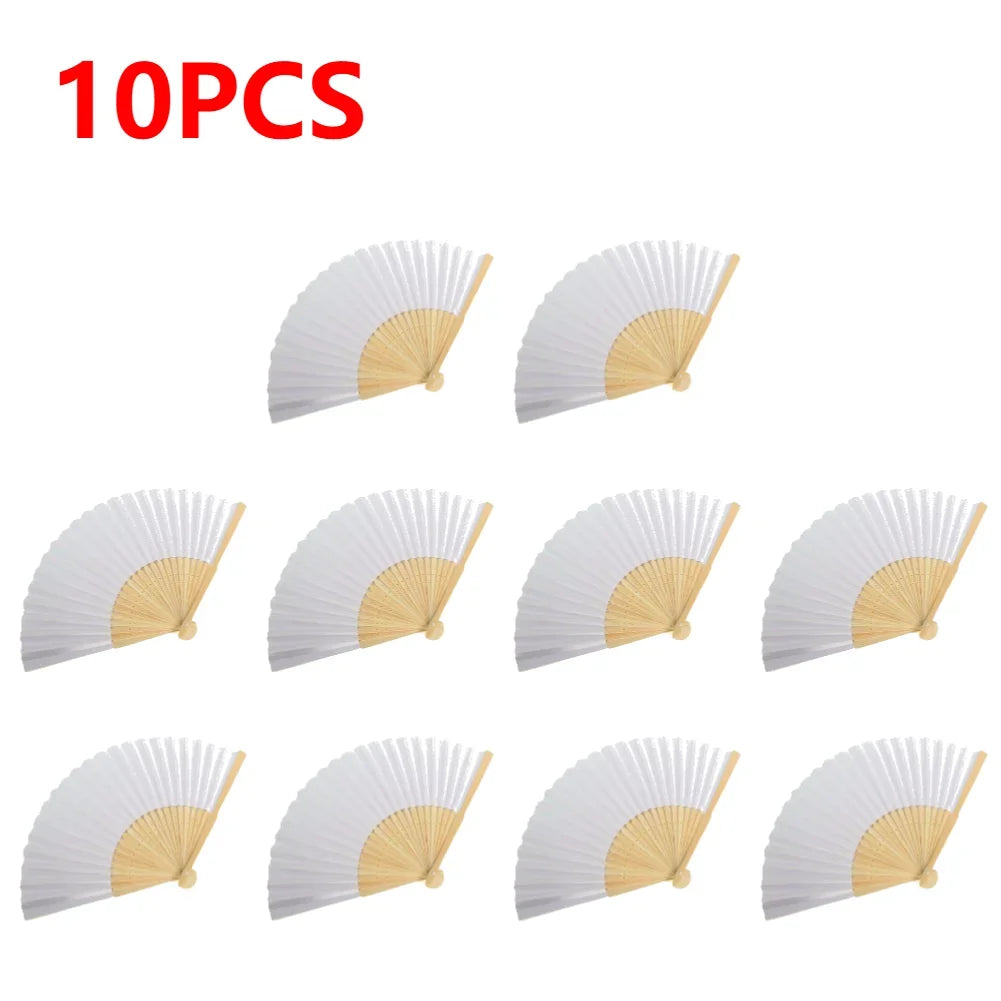 Ten pieces of white and natural bamboo folding fans shown in various angles