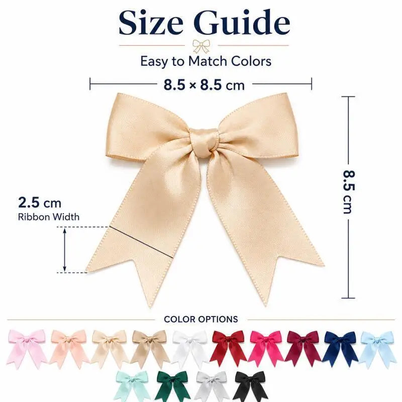 Size guide and color options for elegant satin ribbon bows.