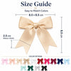 Size guide and color options for elegant satin ribbon bows.