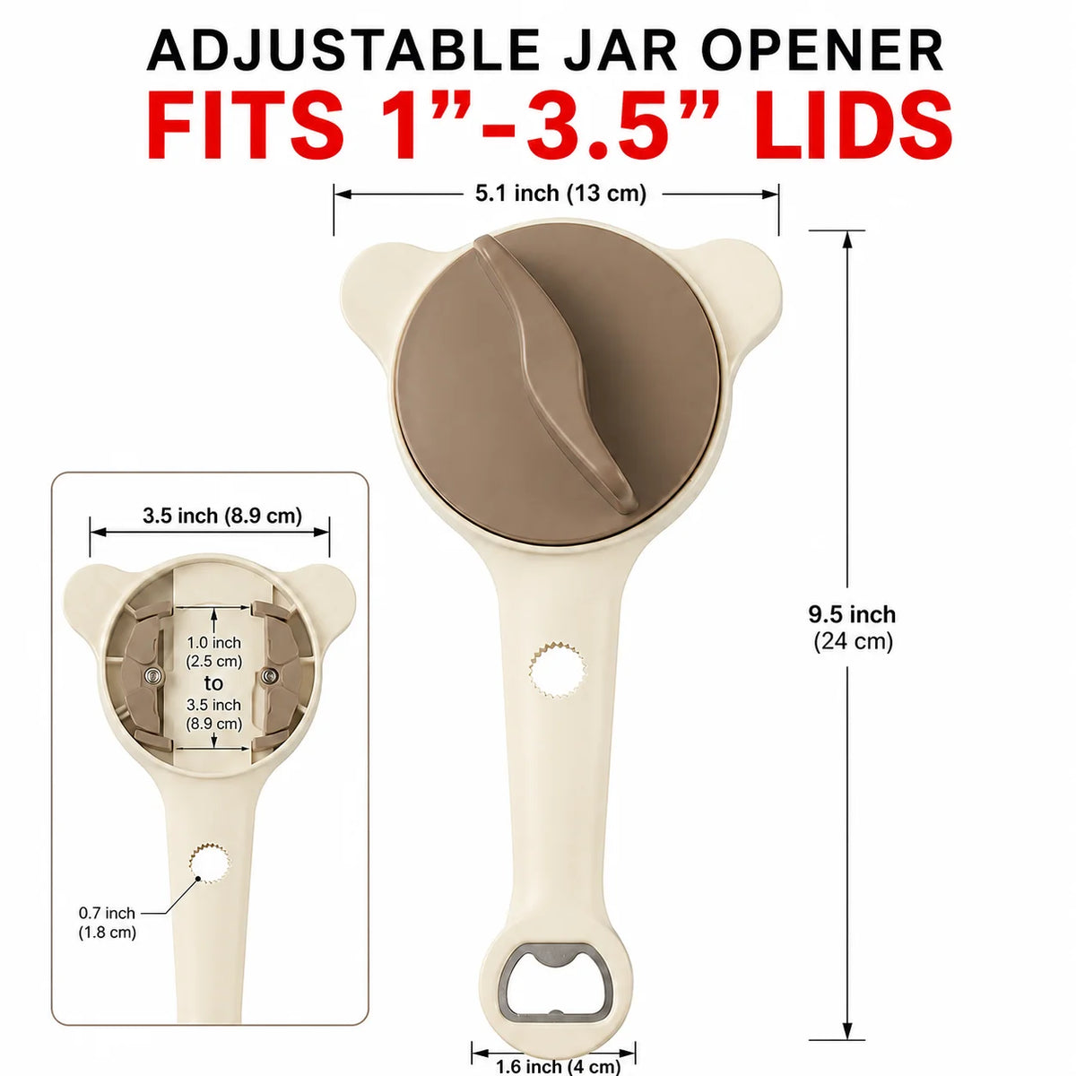 A beige adjustable jar opener tool designed to fit lids ranging from 1 to 3.5 inches.
