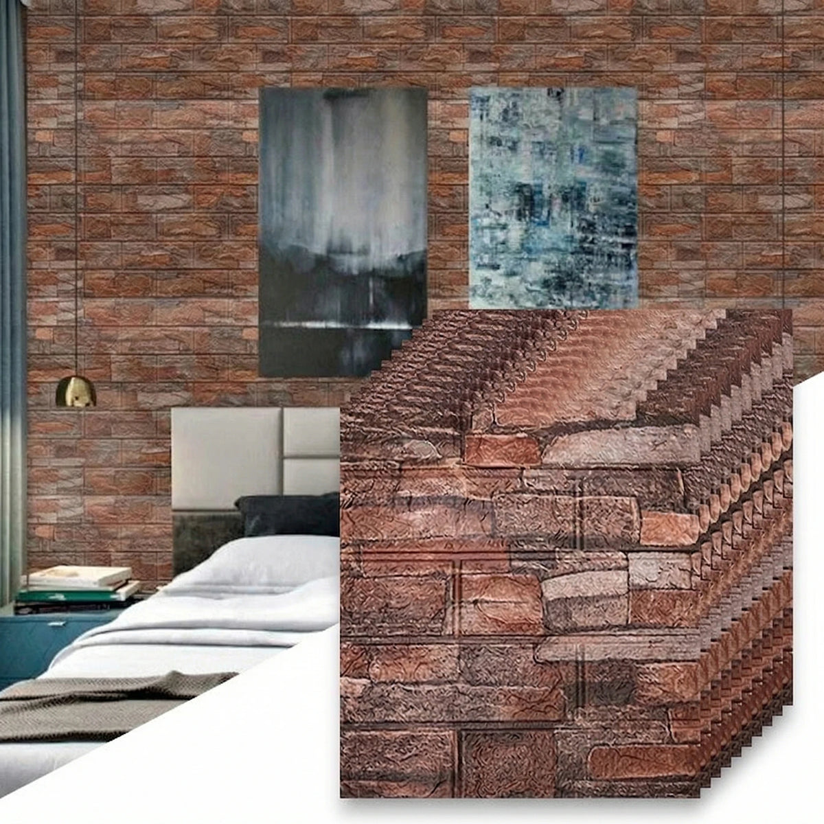 A close-up of textured, reddish-brown 3D foam brick wallpaper panels mounted on a wall.