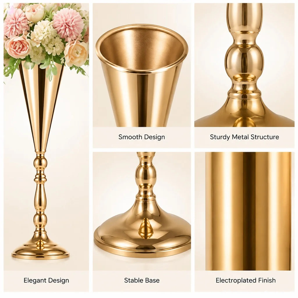 Gold Trumpet Vase Metal Flower Holder for Weddings & Home Decor