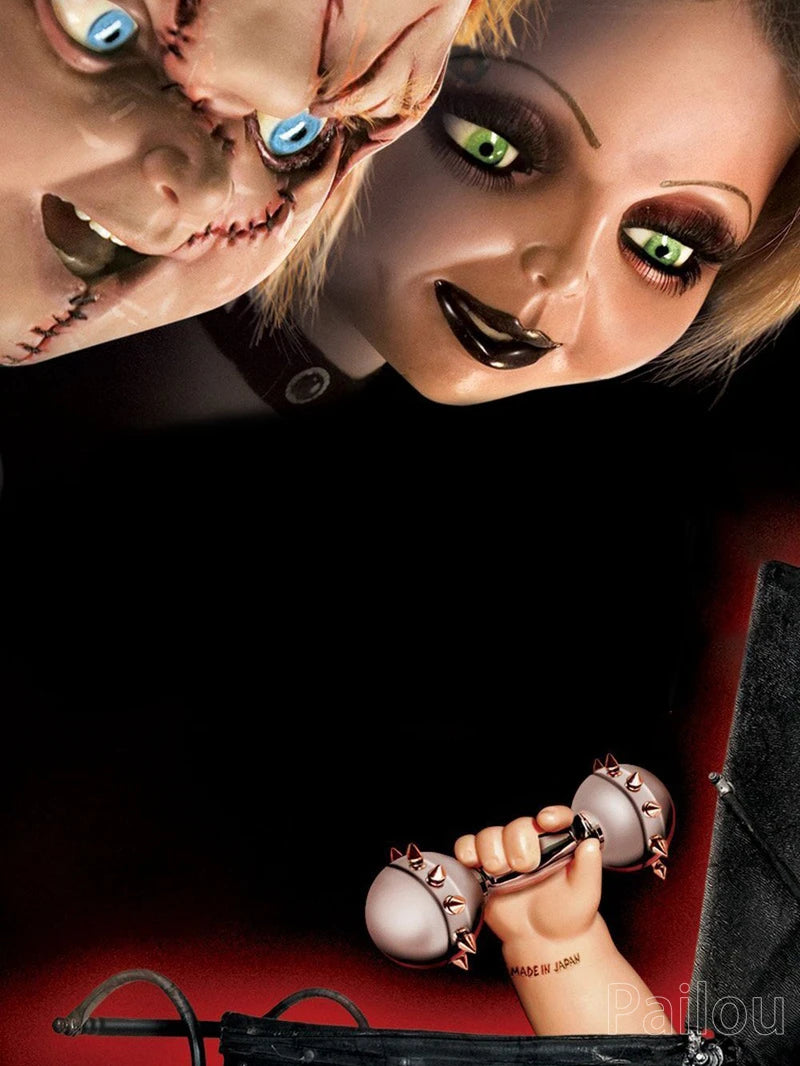 A close-up of a diamond painting kit featuring a portrait of Chucky the horror character with detailed makeup and eyes.