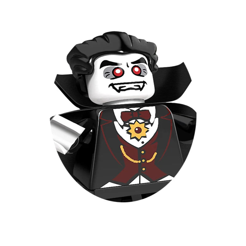 A black and white horror movie icon building blocks set featuring a menacing figure with glowing red eyes.