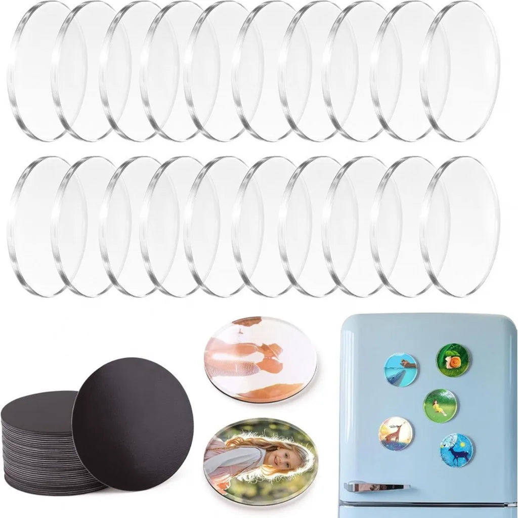 A collection of clear acrylic fridge magnets in various shapes and sizes displayed next to a blue refrigerator.