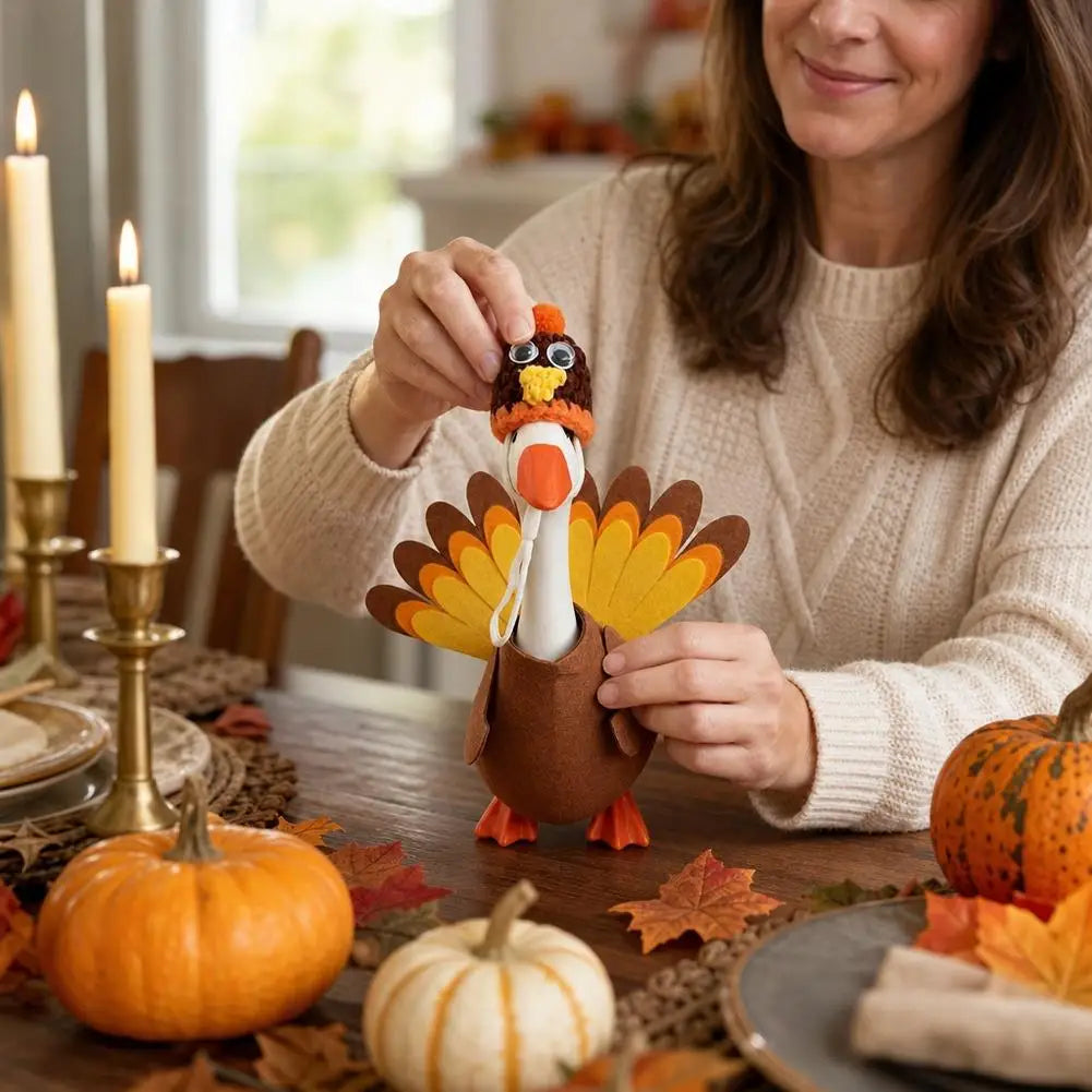 A woman holds a felt turkey costume with a goose statue on a wooden table surrounded by autumn leaves and pumpkins.