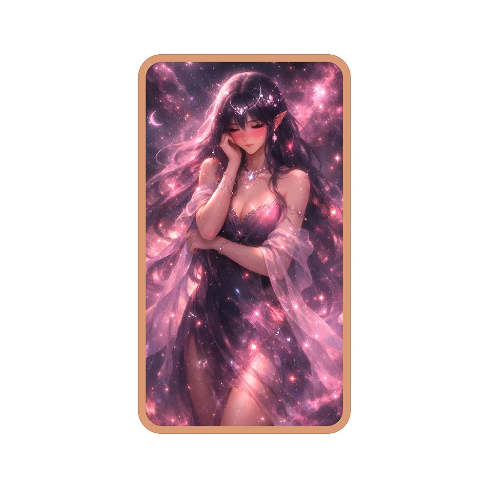 A fantasy art bar featuring a dark-haired female character with pink glowing hair and clothing set in a starry, purple backgr