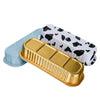 Three disposable aluminum foil baking trays with lids in light blue, gold, and white patterns.