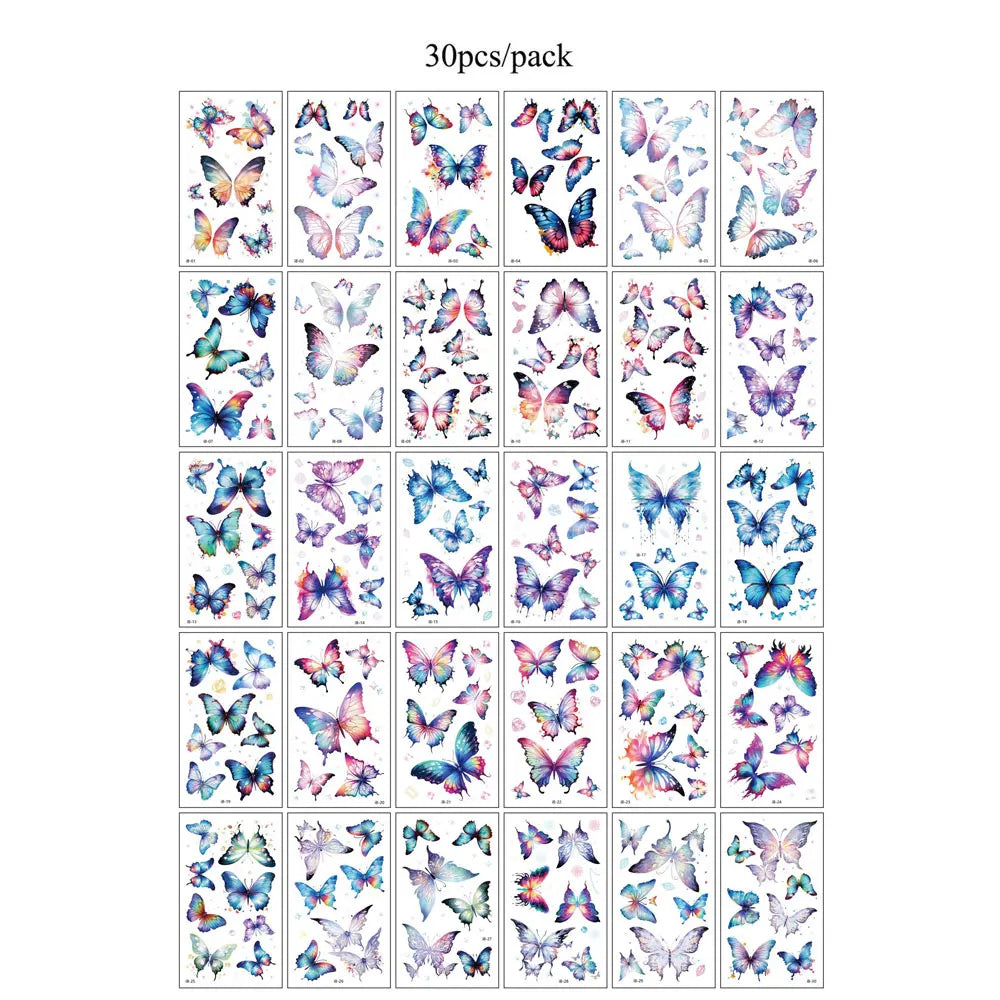 A collection of 30 temporary body art stickers featuring colorful butterfly designs.