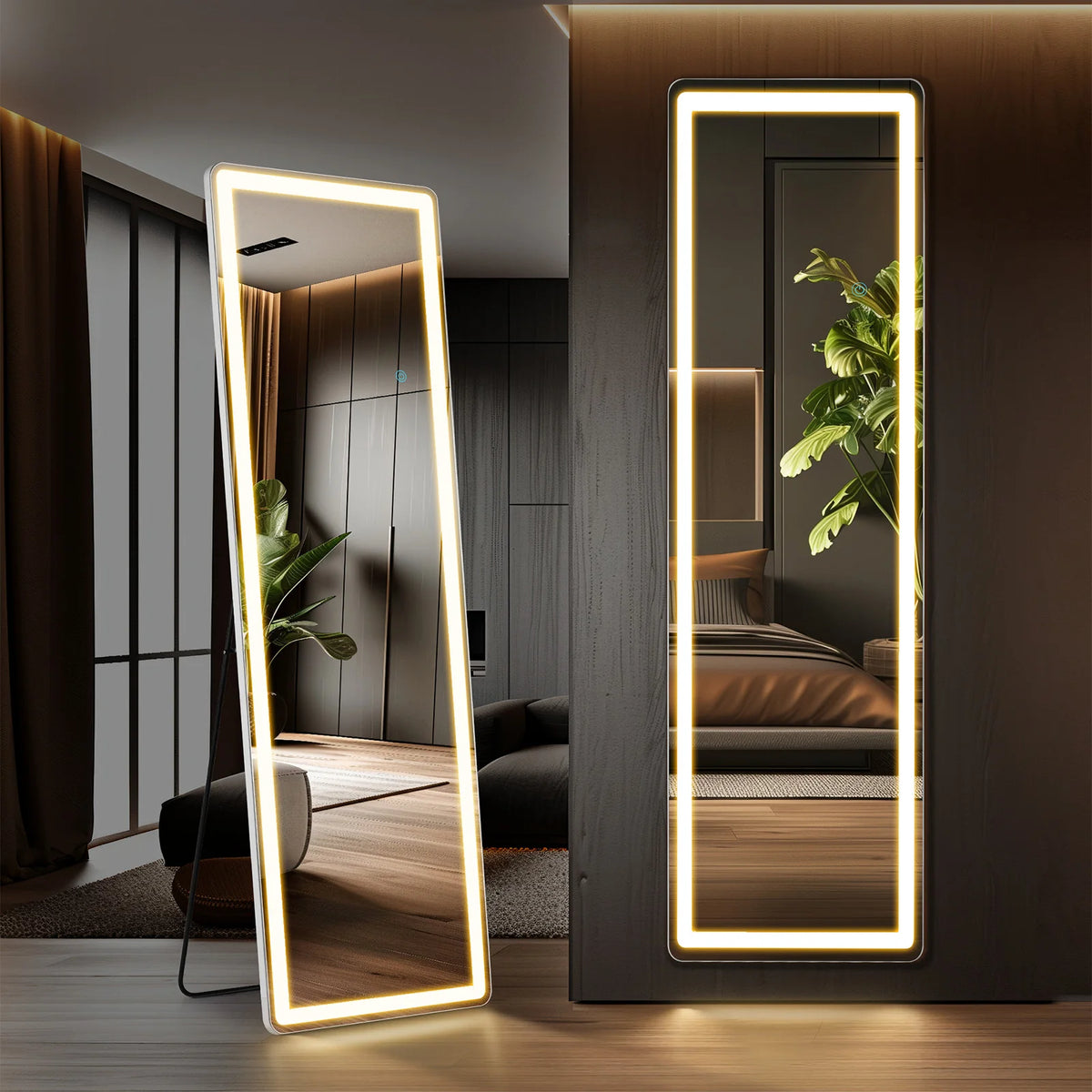 A full-length LED floor mirror with warm light reflecting a modern interior and greenery.