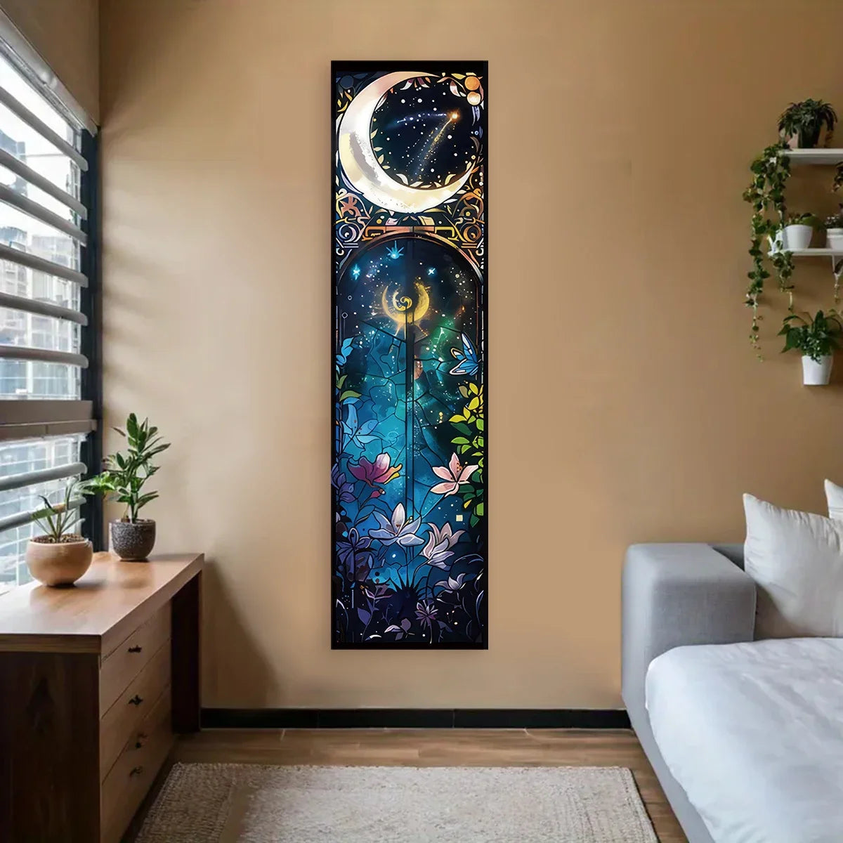 A vertical tapestry wall hanging featuring a crescent moon and tree of life design in blue, green, and gold tones.