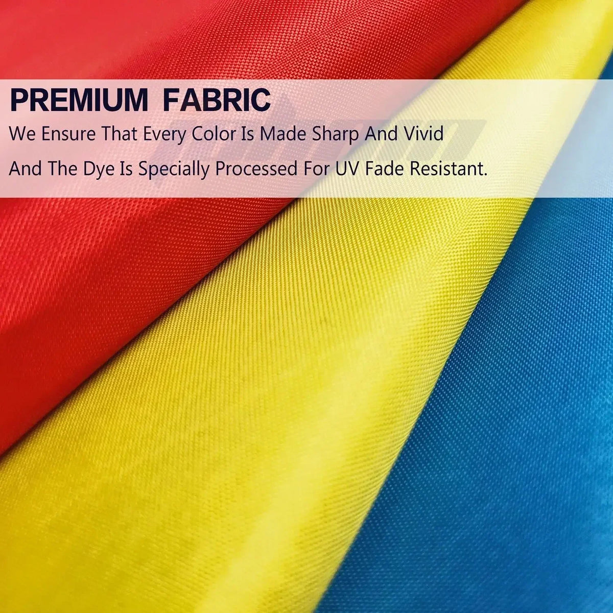 Primer plano de un tapiz de tela premium con colores vibrantes rojos, amarillos y azules.