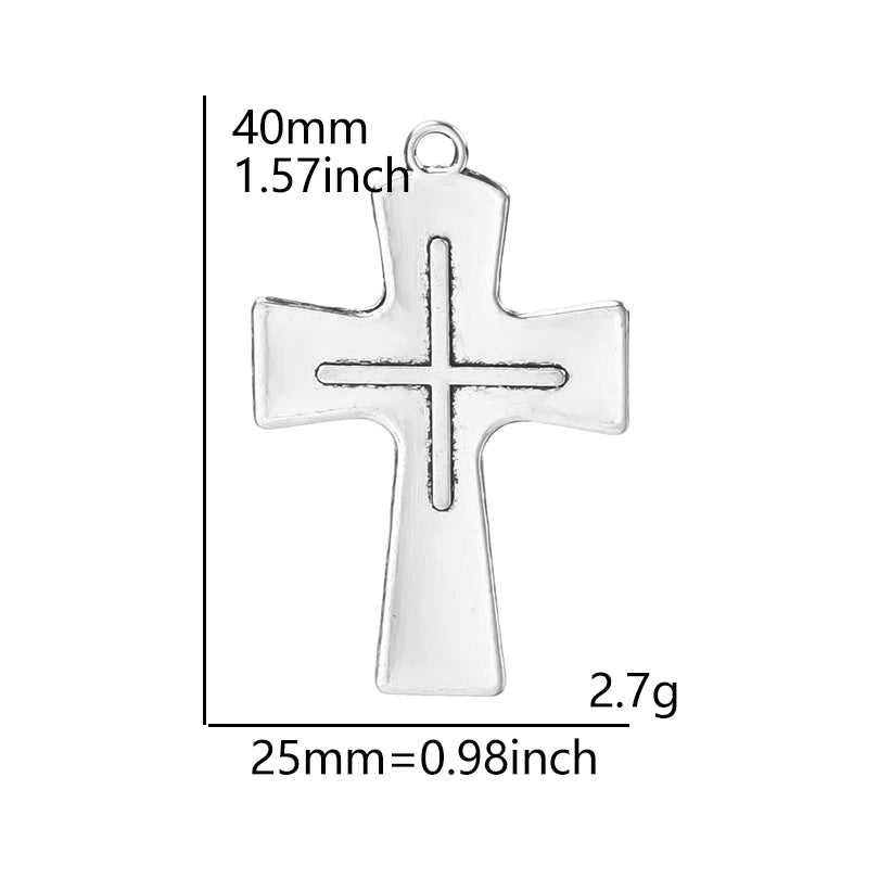 A clear antique silver cross charm with a loop, measuring 40mm long and weighing 2.7 grams.